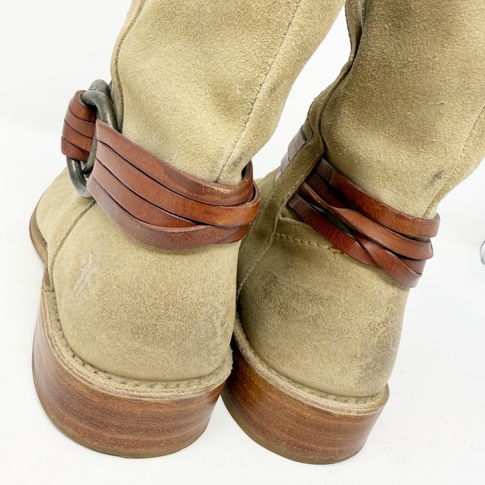 Frye Harness Suede Short Ankle Boots Beige‎ Tan Leather Straps 7.5 - Picture 6 of 14